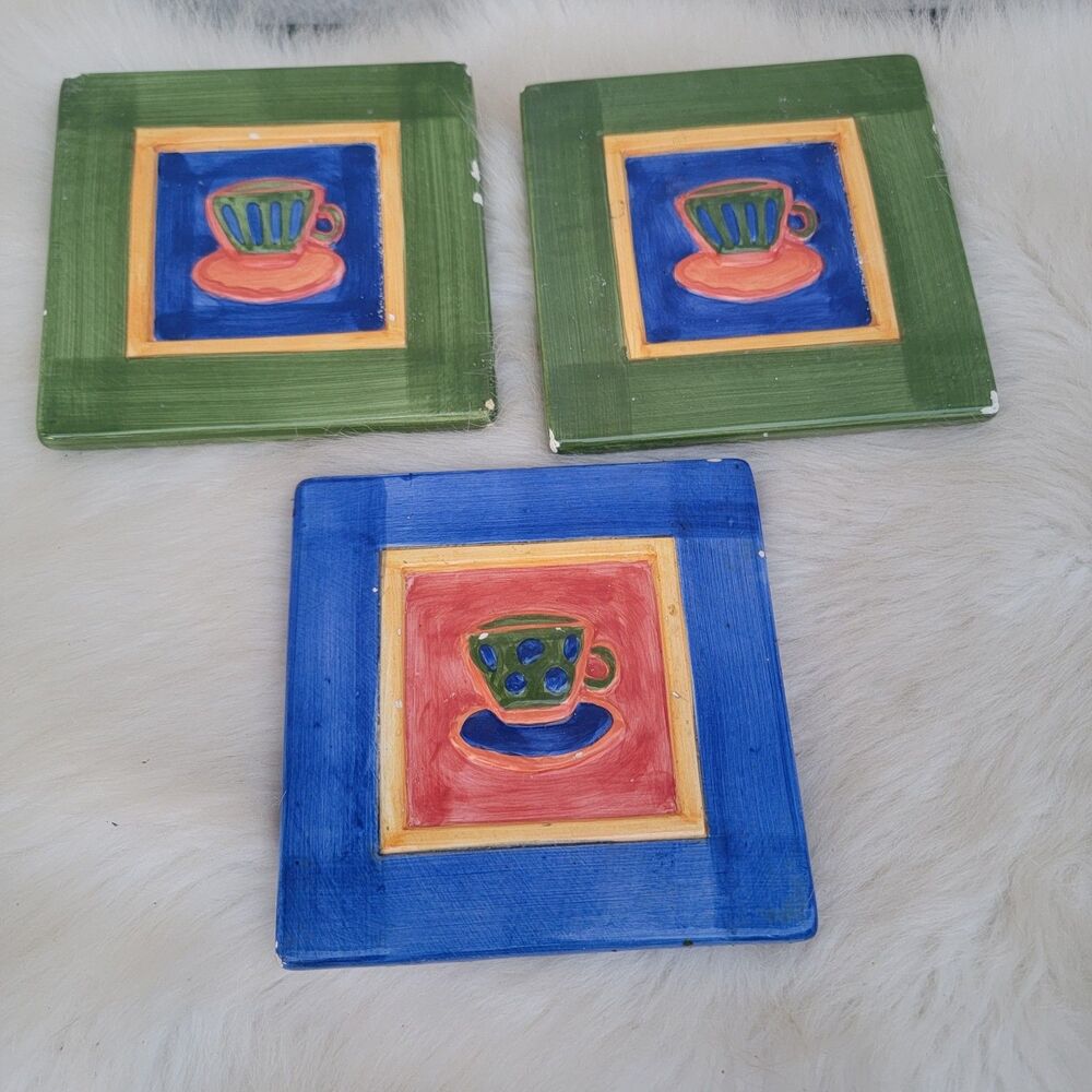 Set Of 3 Pier 1 ceramic tile trivet coffee/tea cup print See Discription